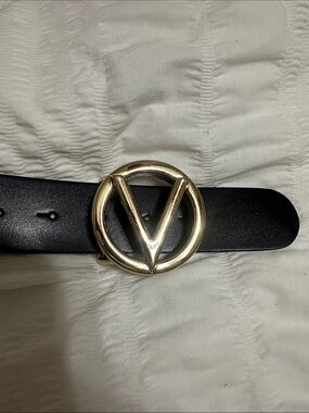 Valentino Gold V Circle V Buckle Black Leather Belt